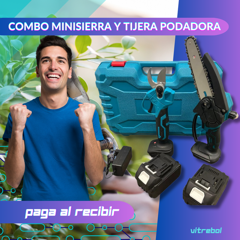 Set 2 en 1 - Mini Sierra y Tijera Podadora - Incluye 3 Baterías Litio